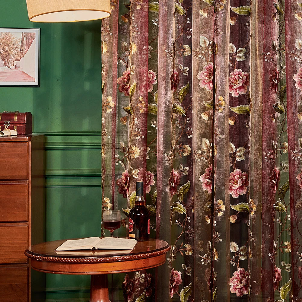 Rose Embroidered Sheer Curtain Panel